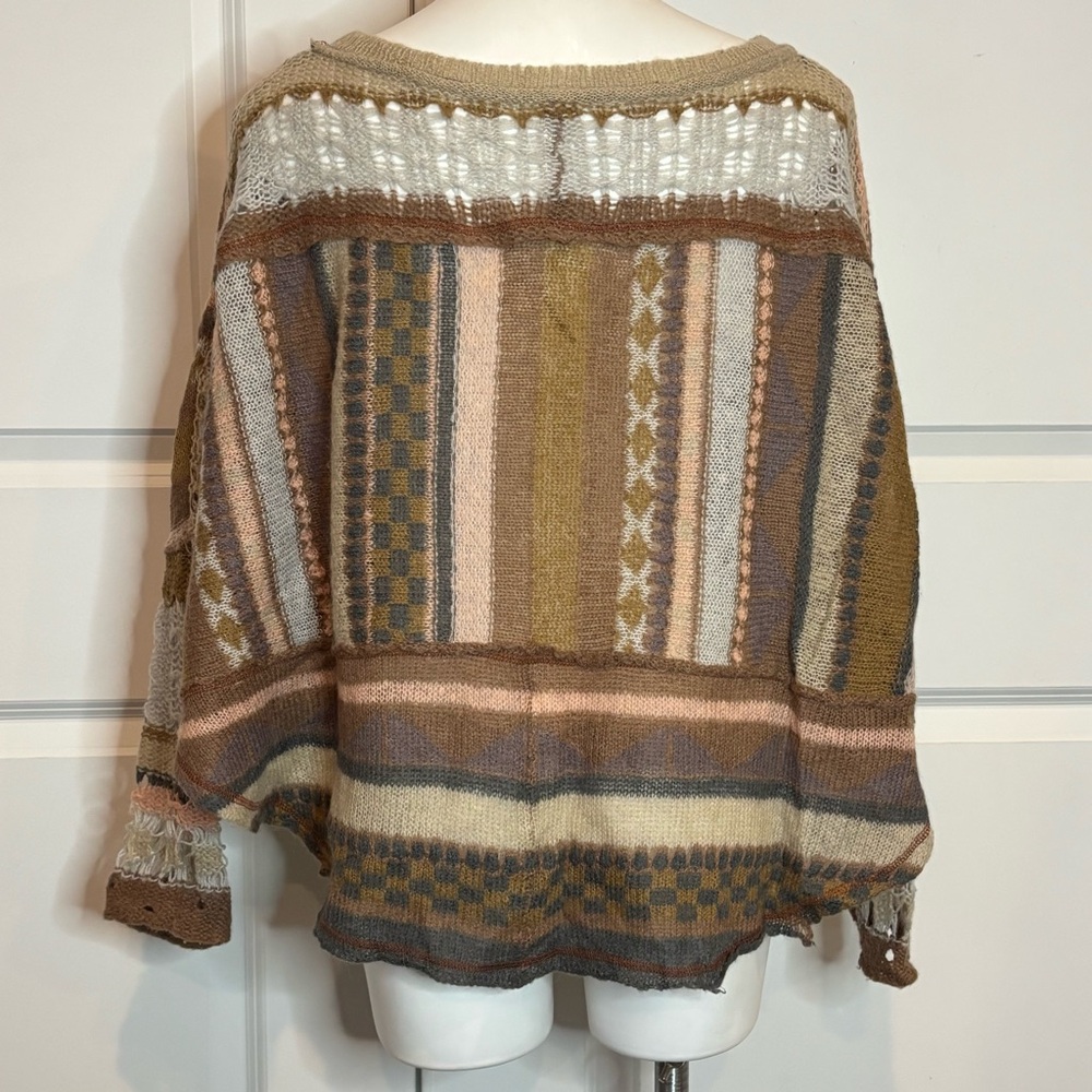 Free People December Skies Muted Pink Tan Gray Open Knit Poncho Sweater S - Picture 7 of 12